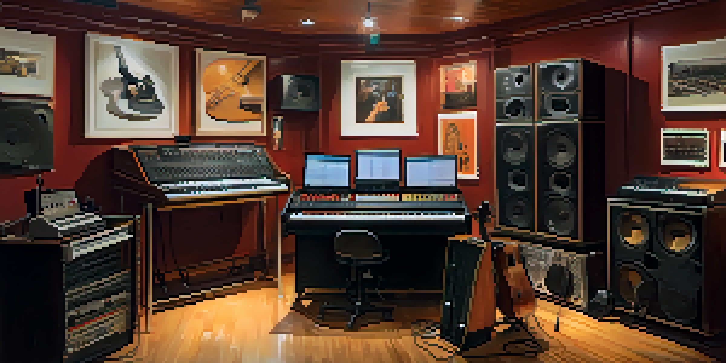 A modern music studio with various instruments and an artist adjusting sound levels on a mixing console.
