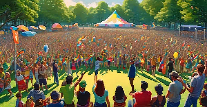 A lively music festival with a diverse crowd enjoying a performance, surrounded by trees and colorful decorations, creating a warm and hopeful atmosphere.