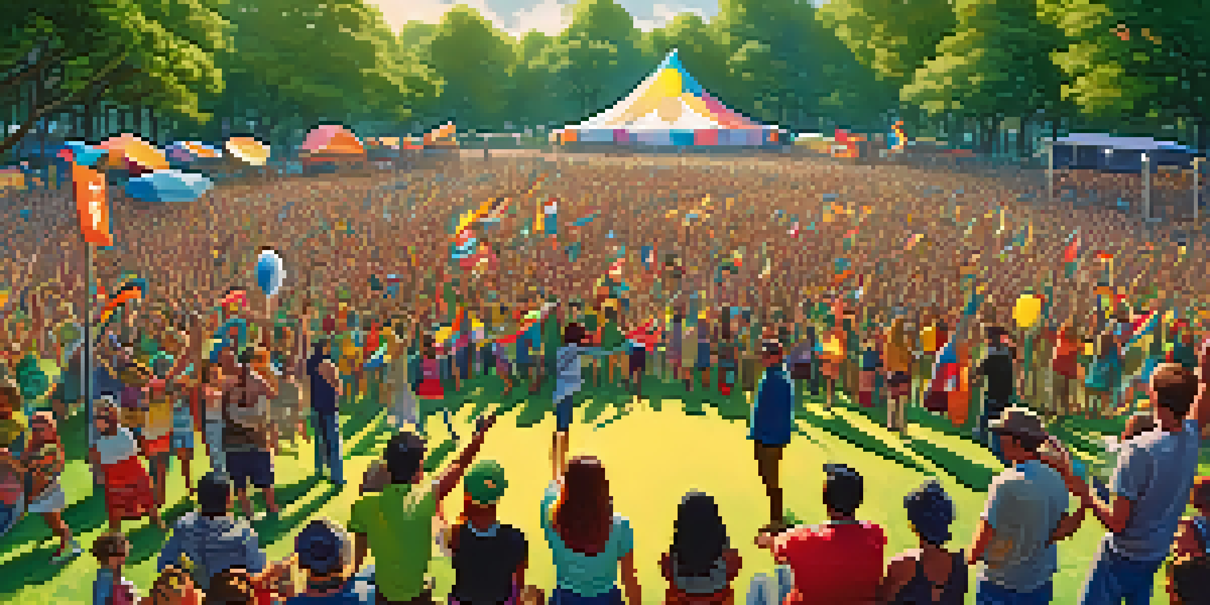 A lively music festival with a diverse crowd enjoying a performance, surrounded by trees and colorful decorations, creating a warm and hopeful atmosphere.