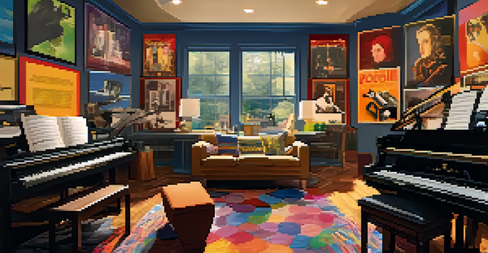 A film scoring studio with instruments and a composer working on music, illuminated by warm lighting.