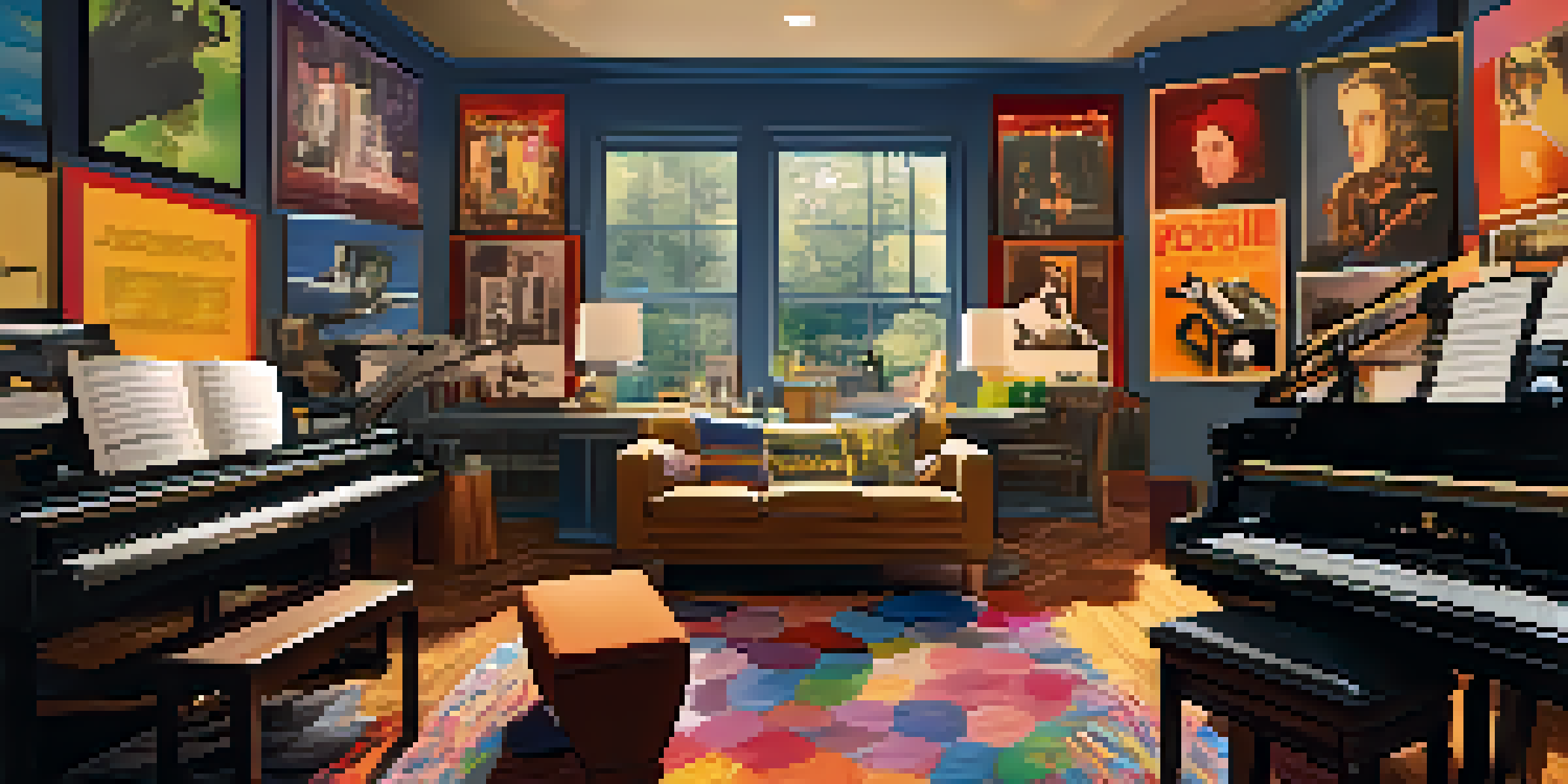 A film scoring studio with instruments and a composer working on music, illuminated by warm lighting.