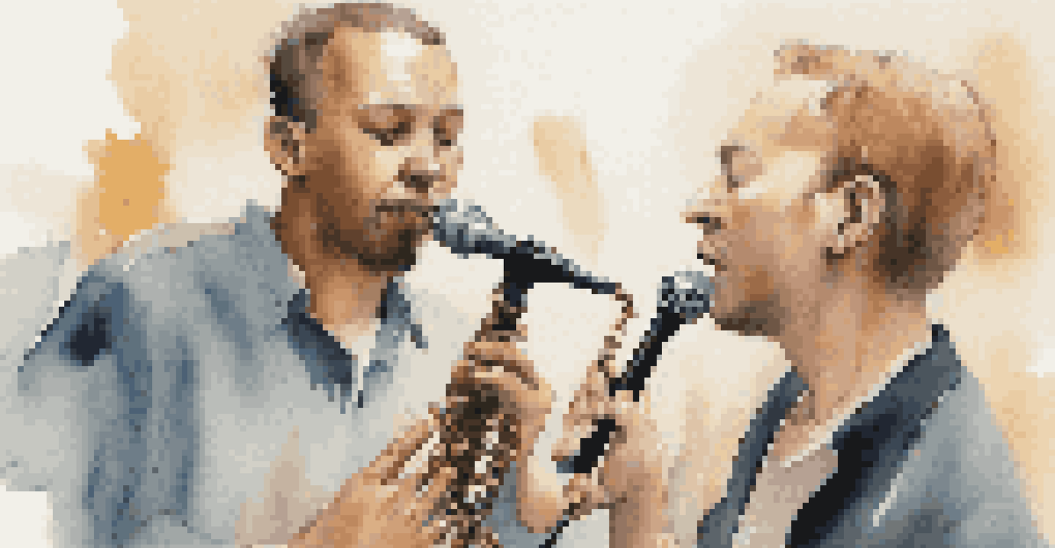 Two musicians in a rehearsal, using non-verbal cues to communicate, with instruments visible in a softly blurred background.
