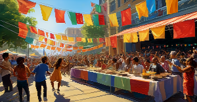 A lively street festival with diverse musicians on stage and an audience of various genders and ethnicities dancing and enjoying the music under warm sunlight.