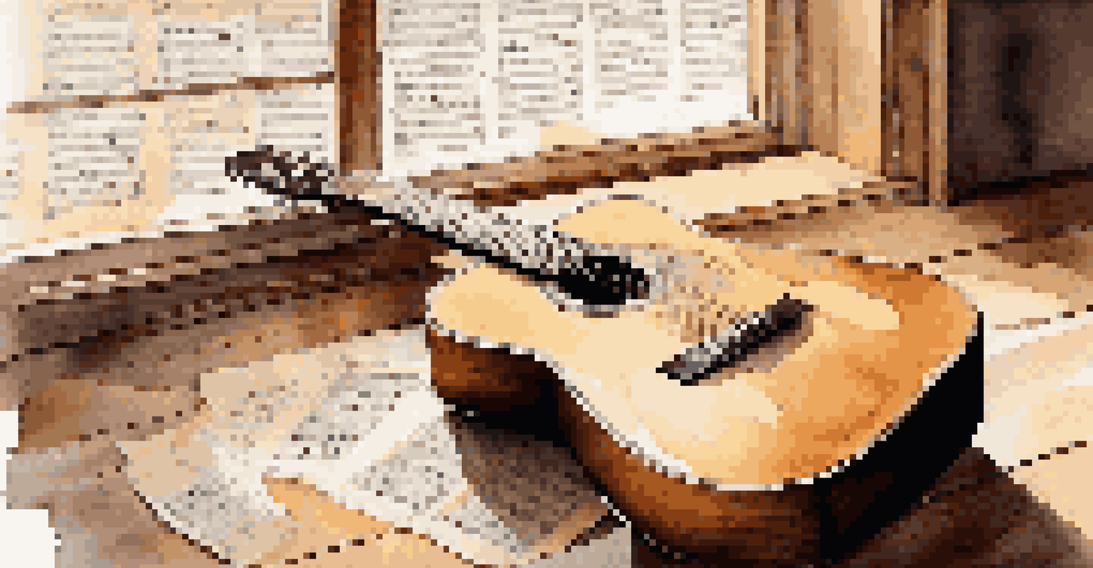 A detailed close-up of an acoustic guitar with lyrics and sheet music on a wooden floor, illuminated by natural light.