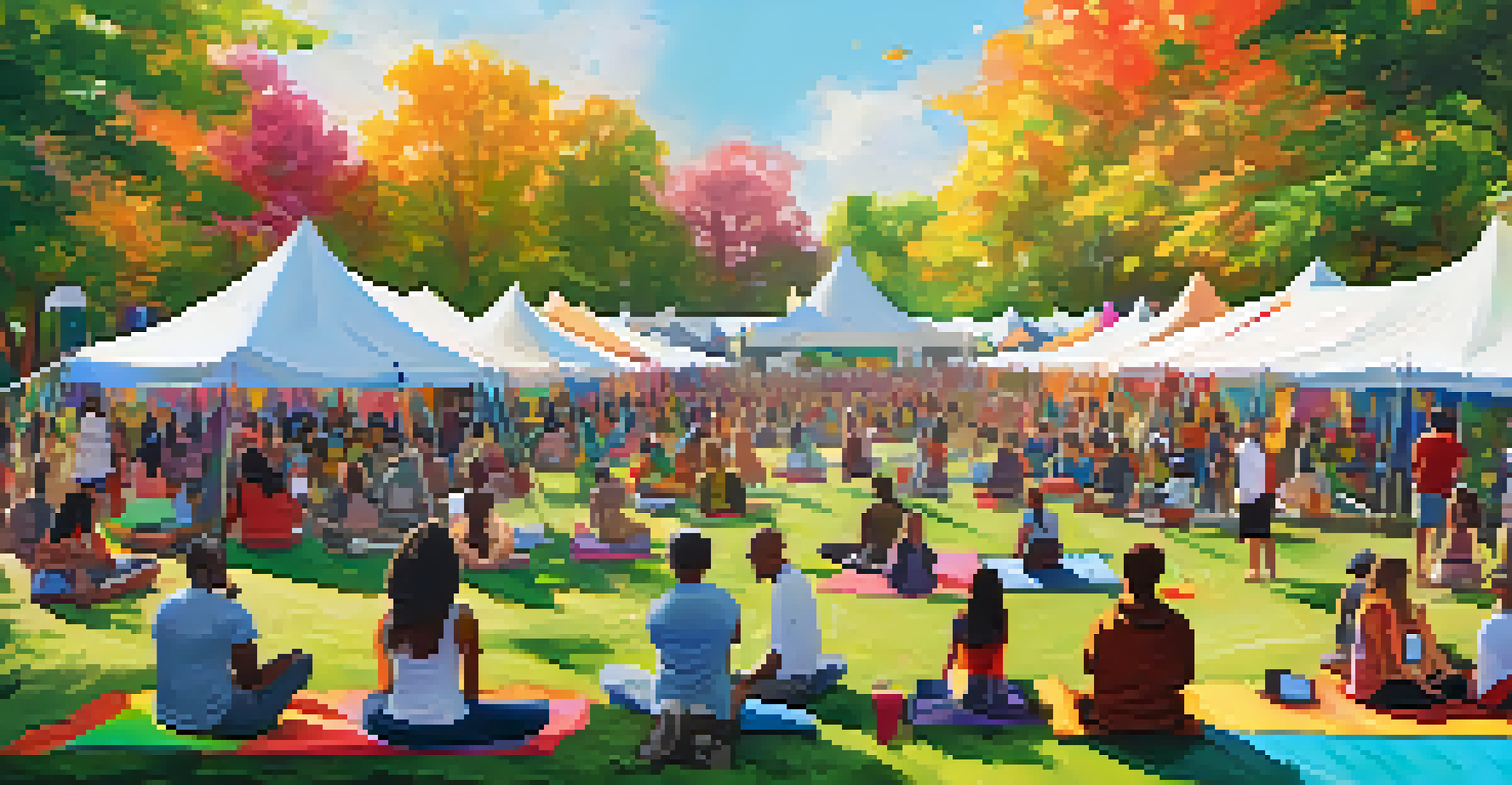 A lively wellness festival in a park with activities, music performances, and colorful tents.