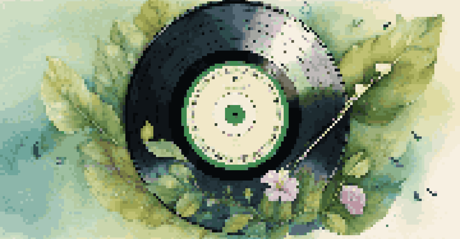 A vinyl record surrounded by nature elements and musical notes, representing the connection between music and environmental awareness.