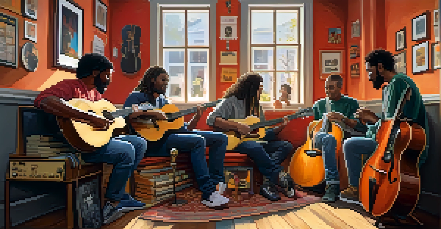 A diverse group of musicians collaborating in a cozy room, sharing ideas and playing instruments together.