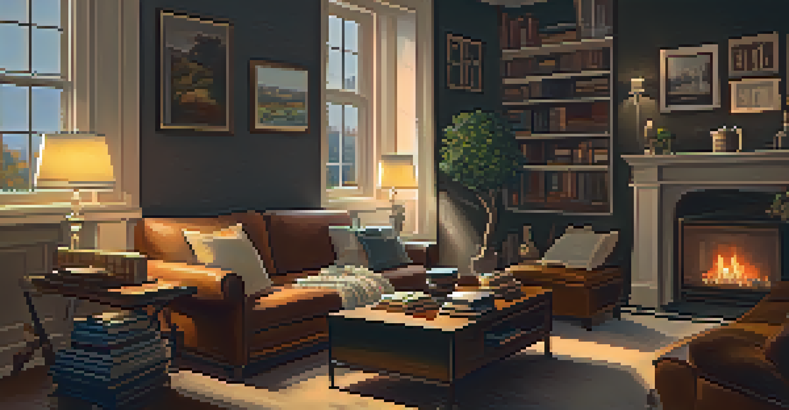 A cozy living room with a person reading on a couch, surrounded by music notes, warm lighting, and a steaming mug.