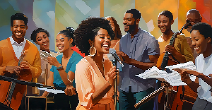 A diverse group of singers from different cultures rehearsing together in a bright room, filled with music sheets and instruments, radiating joy and collaboration.