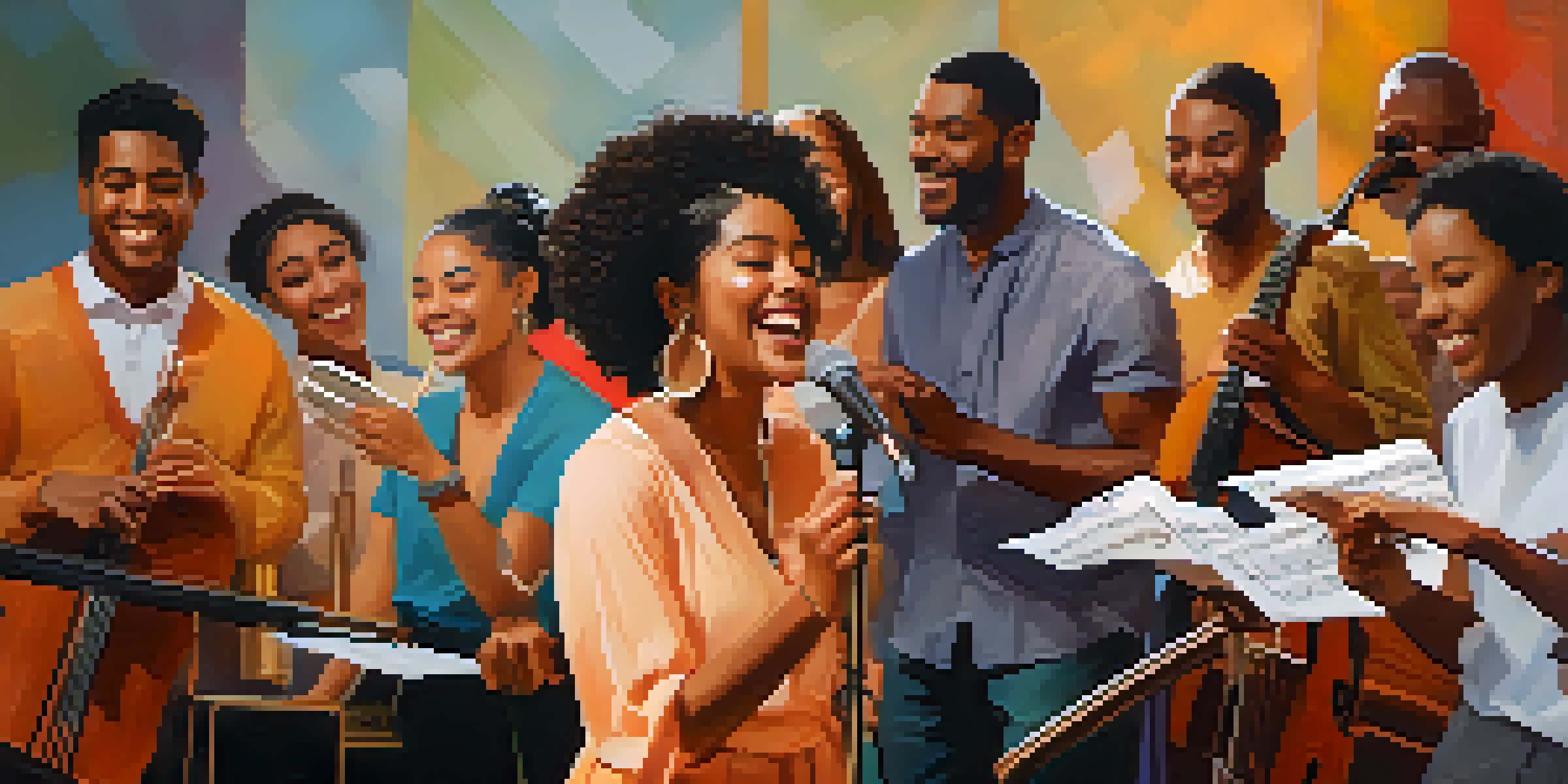 A diverse group of singers from different cultures rehearsing together in a bright room, filled with music sheets and instruments, radiating joy and collaboration.