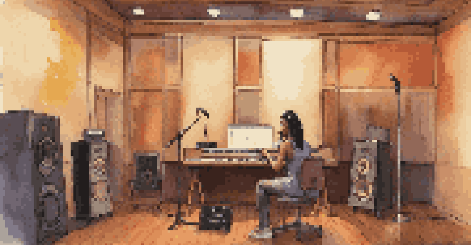 A singer in a recording studio, deep in thought with a notebook, surrounded by soundproof panels and warm lighting.