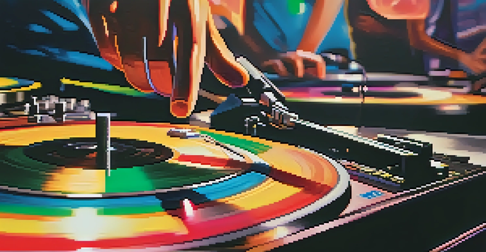 A DJ intensely mixing music at a turntable with colorful vinyl records, surrounded by dancing silhouettes.