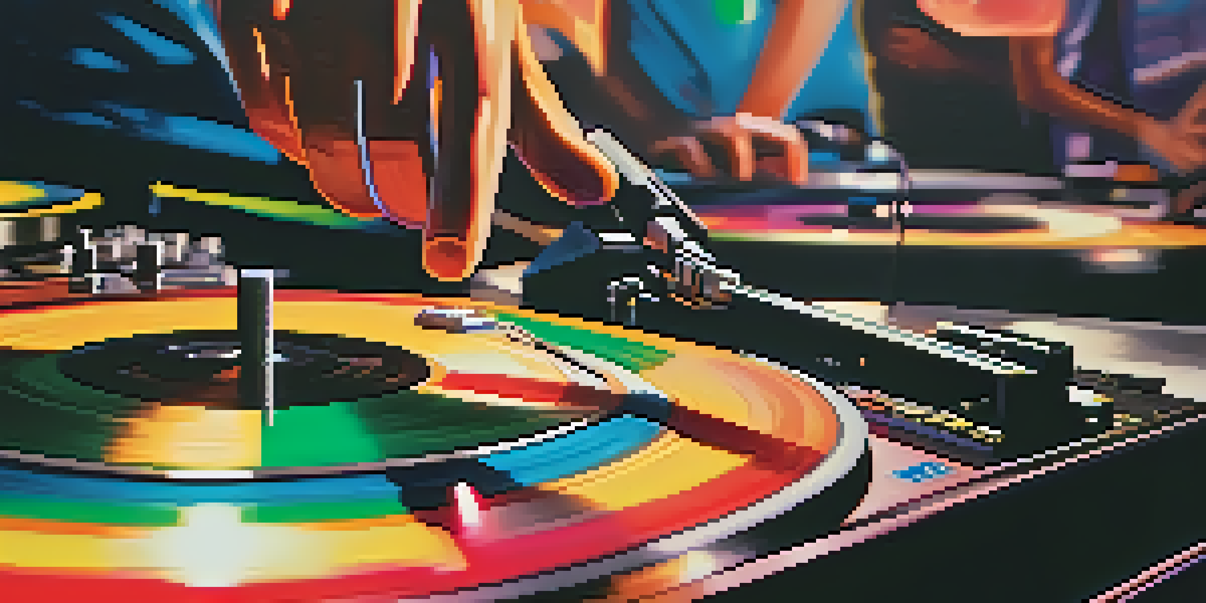 A DJ intensely mixing music at a turntable with colorful vinyl records, surrounded by dancing silhouettes.