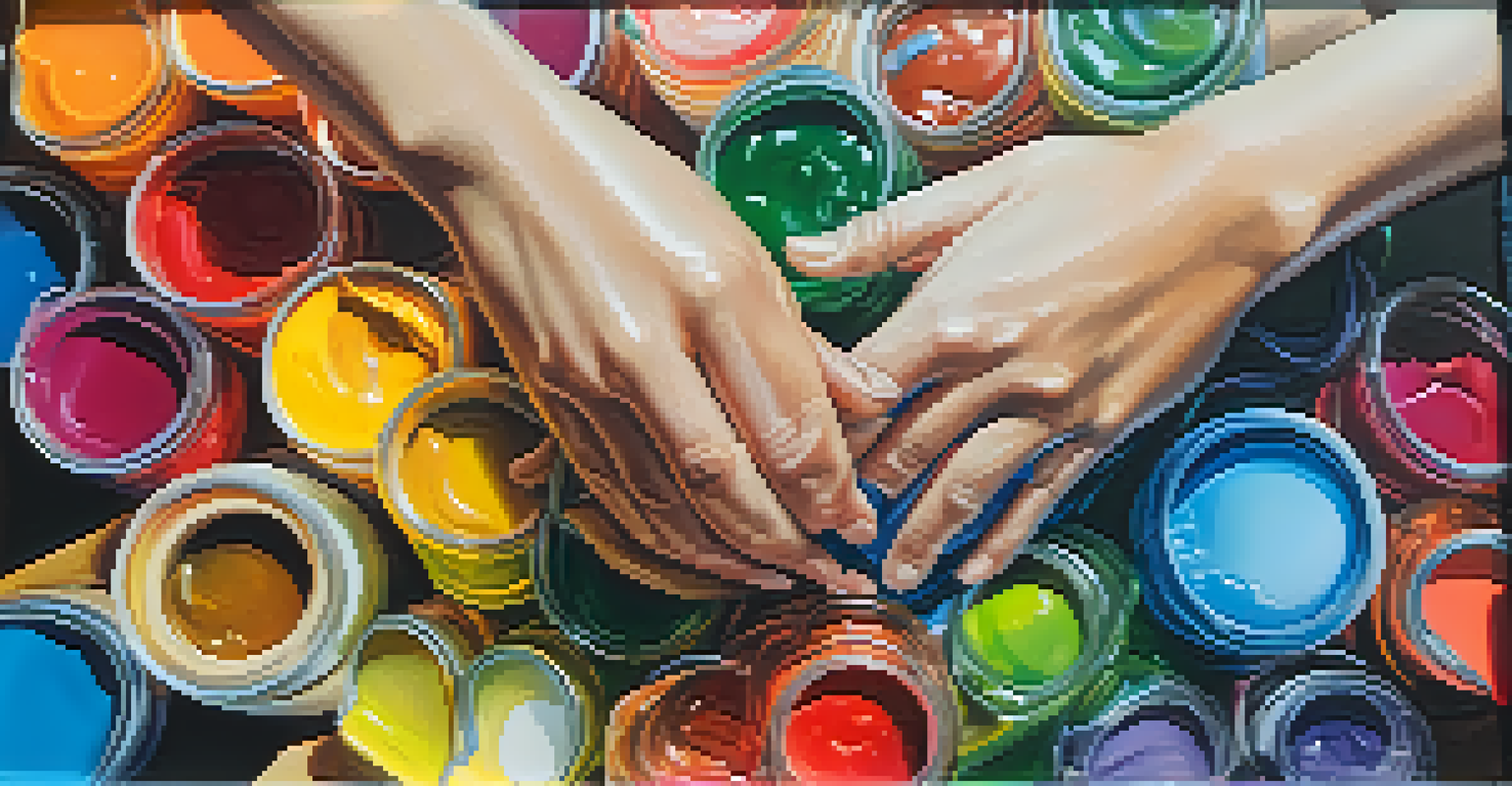 Hands of diverse individuals mixing paint together on a large canvas.