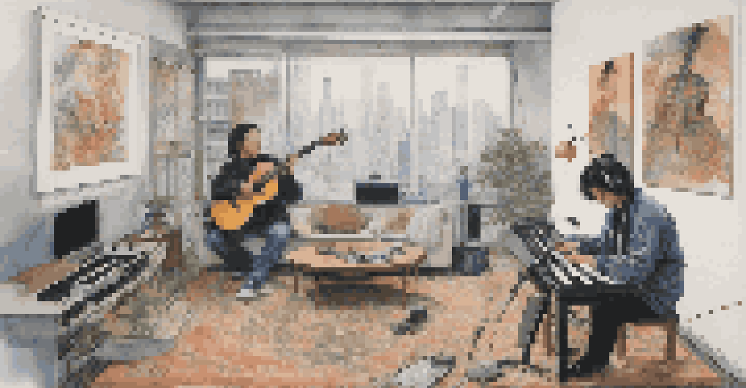 A split image of musicians collaborating online, one in New York and the other in Tokyo, showcasing their cultural surroundings and digital sound connections.