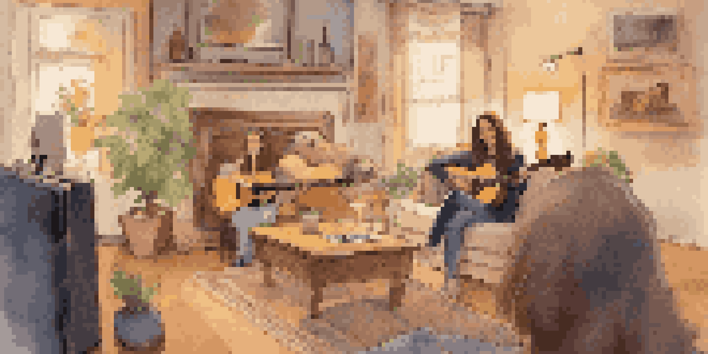 A young woman playing guitar in a cozy living room while a small audience watches, creating an intimate atmosphere.
