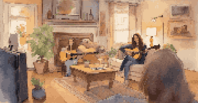A young woman playing guitar in a cozy living room while a small audience watches, creating an intimate atmosphere.