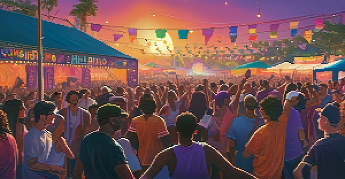 A lively music festival at sunset with diverse people dancing, colorful lights, and a band on stage, promoting social causes.