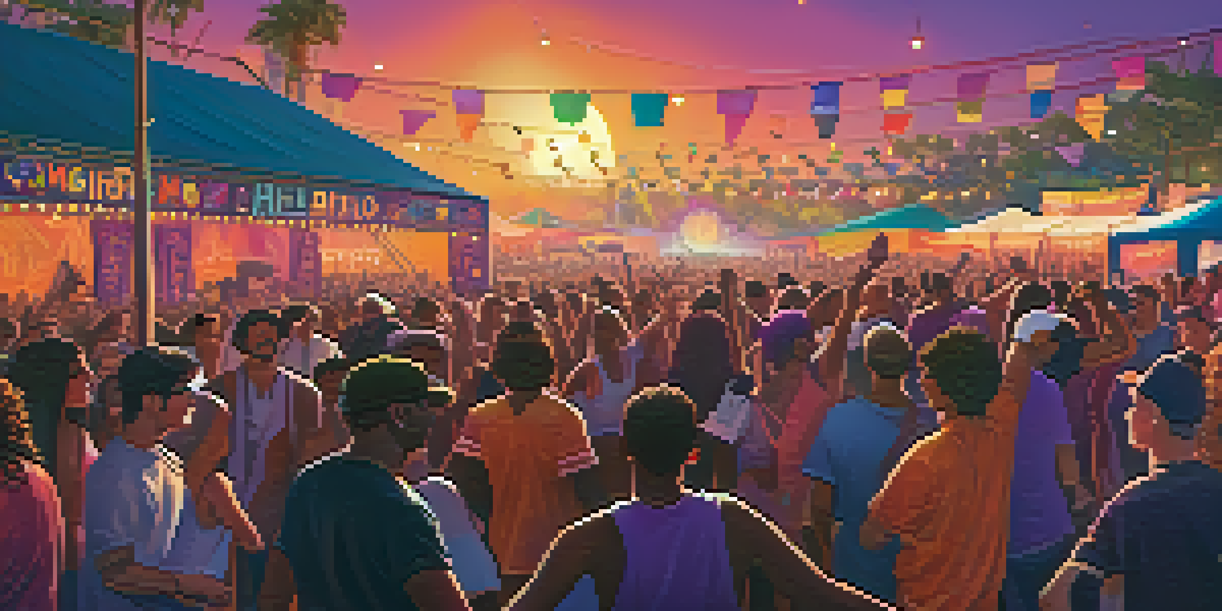 A lively music festival at sunset with diverse people dancing, colorful lights, and a band on stage, promoting social causes.
