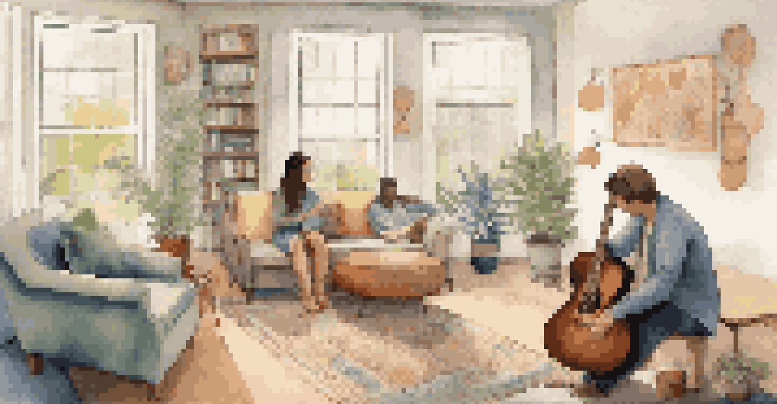 A music therapy room with a therapist playing guitar for a patient, featuring comfortable seating and a soothing environment.