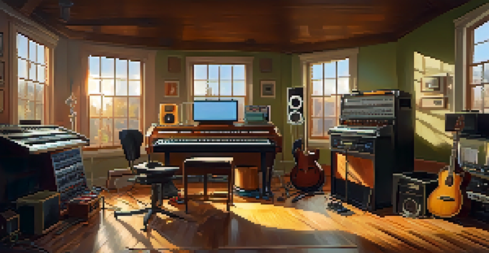 A musician in a colorful music studio, adjusting a mixing console with sunlight streaming in.