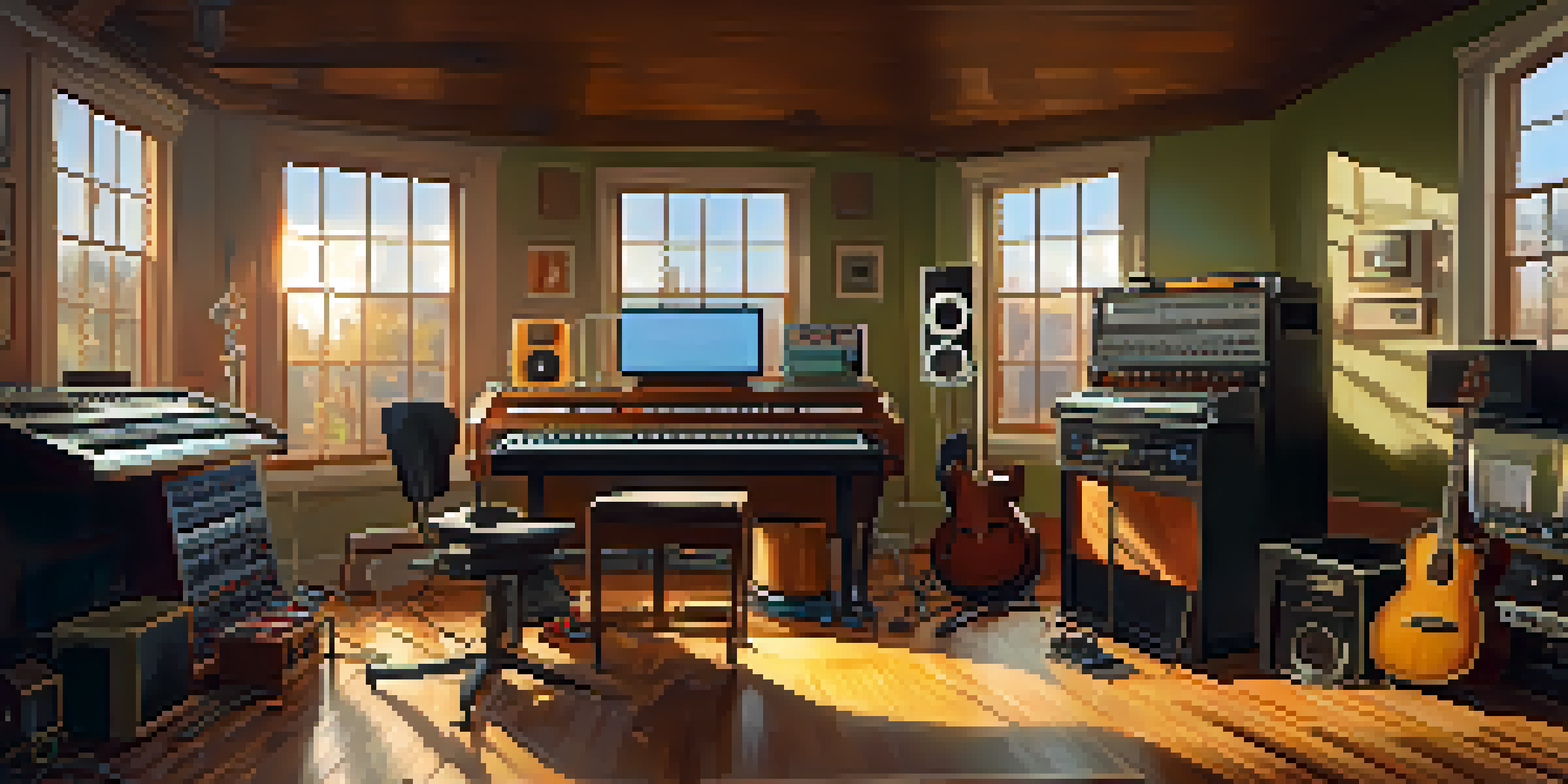 A musician in a colorful music studio, adjusting a mixing console with sunlight streaming in.