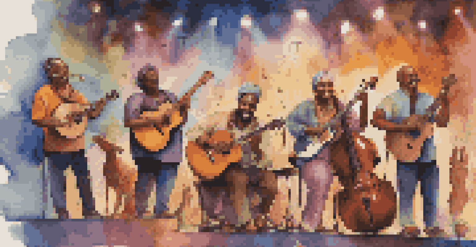 A diverse group of musicians performing on stage with colorful lights and a backdrop of musical notes, showcasing joy and connection.