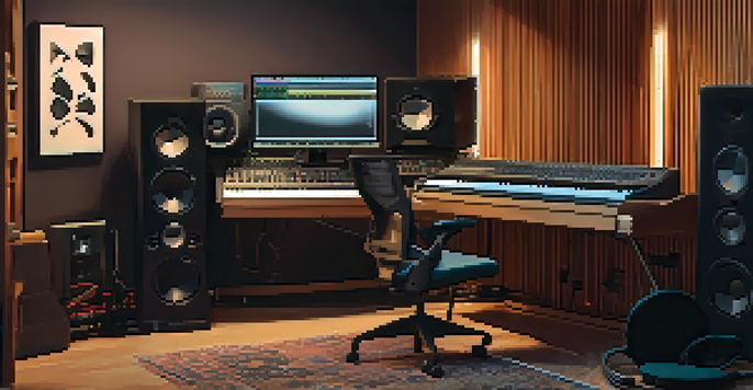 A cozy home music studio with a computer, DAW interface, acoustic treatment, microphone, MIDI controller, studio monitors, and headphones under warm lighting.