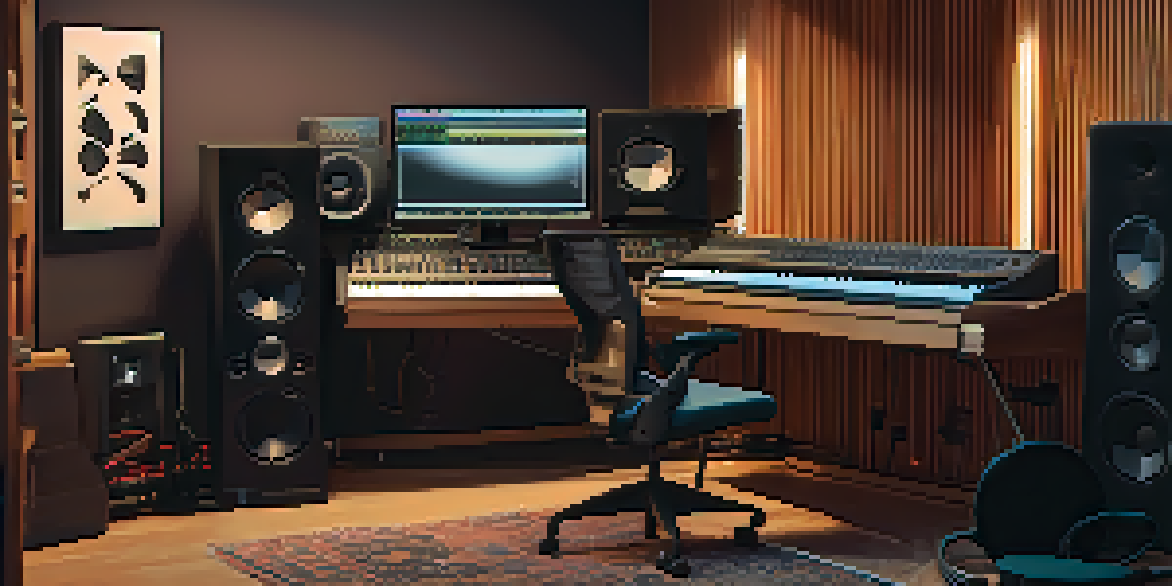 A cozy home music studio with a computer, DAW interface, acoustic treatment, microphone, MIDI controller, studio monitors, and headphones under warm lighting.