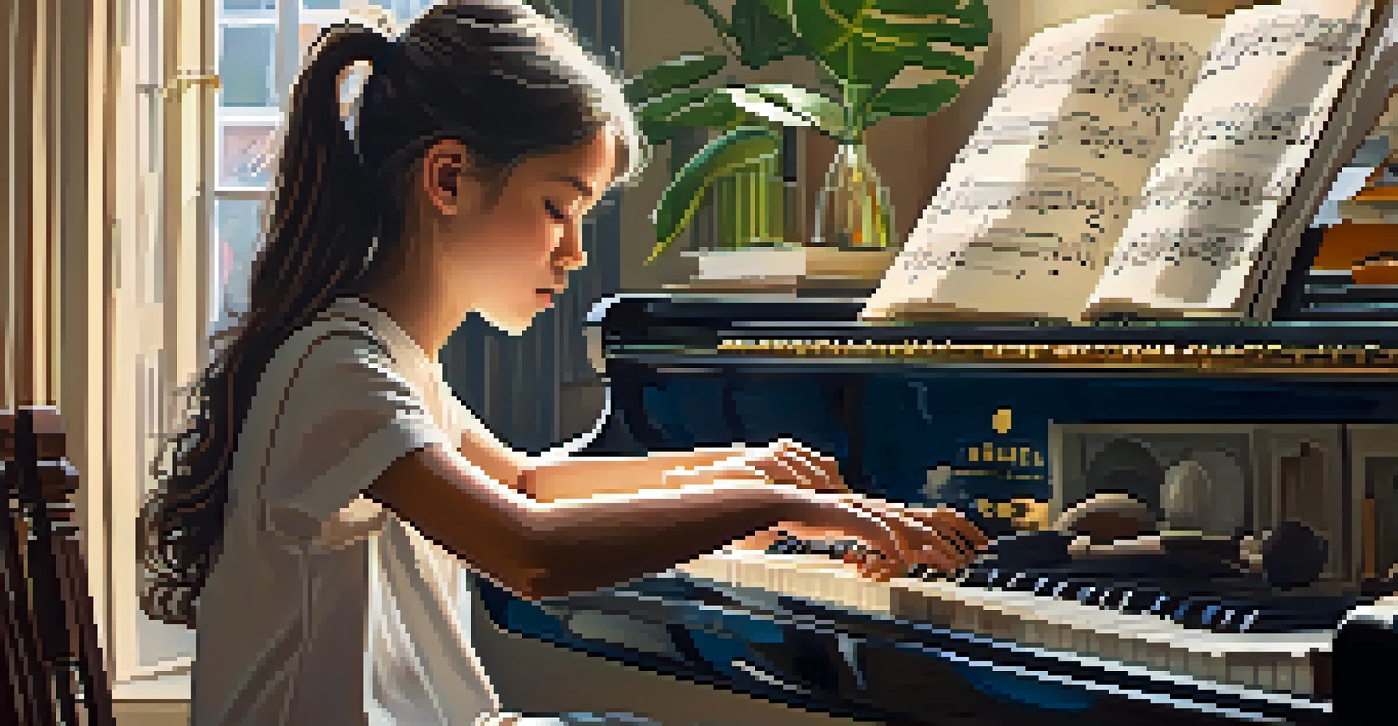 A young girl practicing a musical instrument at home, focused and surrounded by sheet music and personal decorations in a cozy study area.