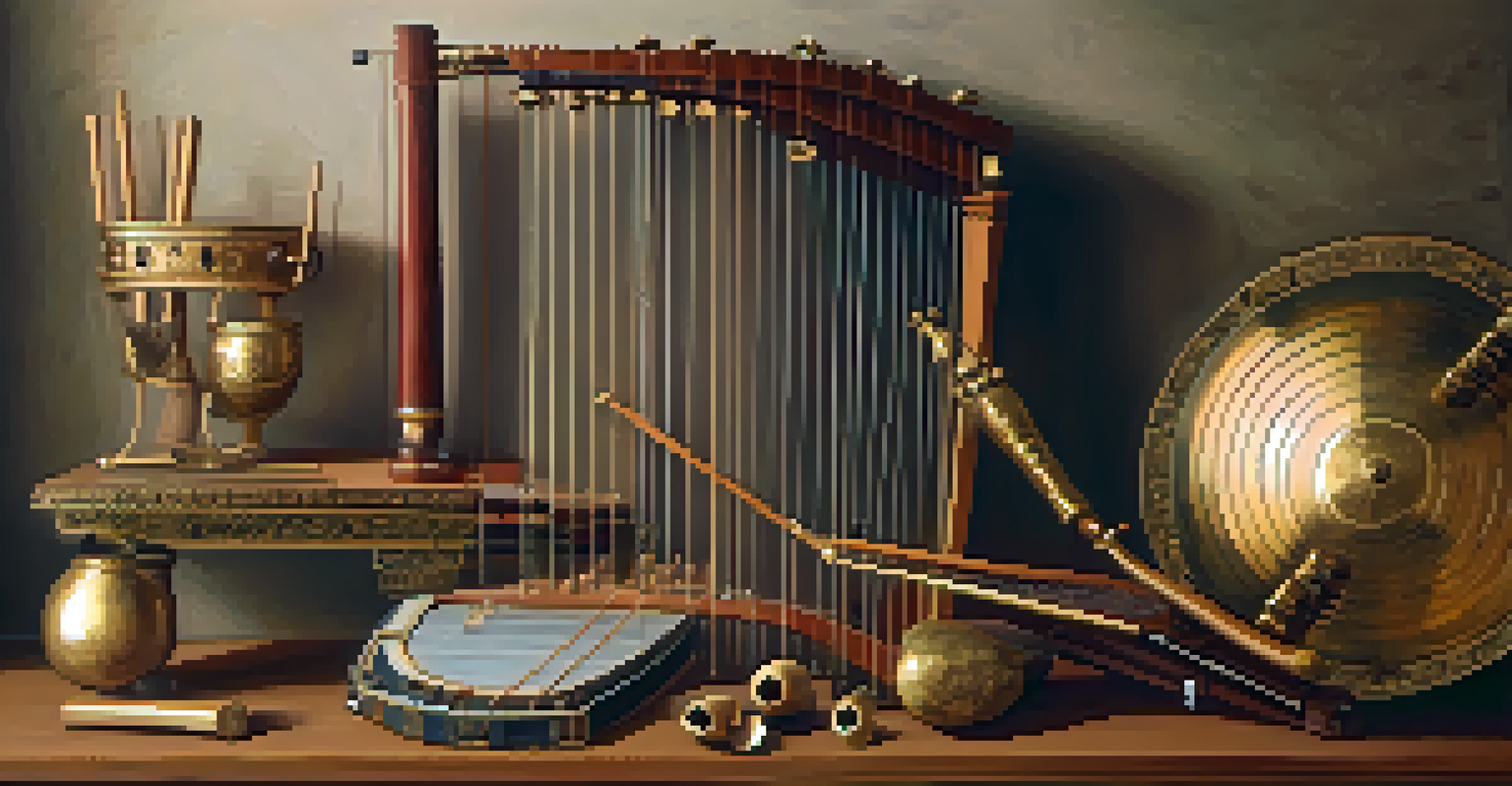Close-up of ancient Roman musical instruments including a lyre, tibia, and cymbals on a wooden table.