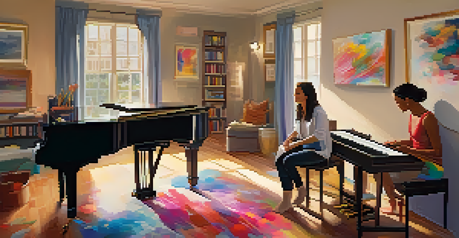 An indoor music therapy session with a therapist and client collaborating on songwriting at a piano.