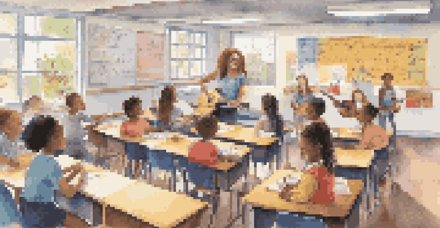 A vibrant classroom where a teacher uses a guitar to engage students, with colorful decorations and active participation.