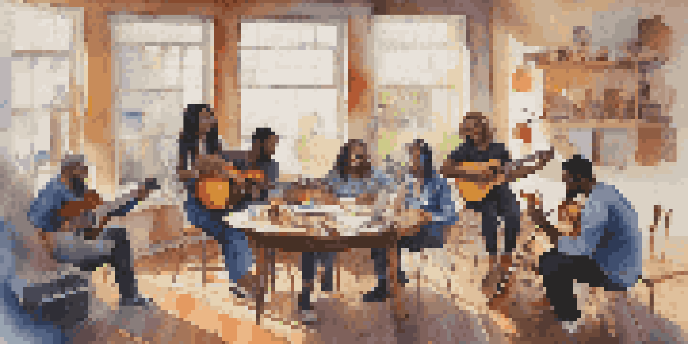 A diverse team working together on a musical project with instruments and sheets of music in a bright room.