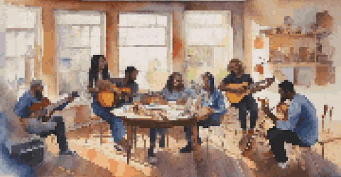 A diverse team working together on a musical project with instruments and sheets of music in a bright room.