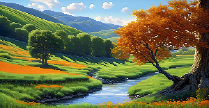 A peaceful valley with green hills, a single orange-leafed tree, a winding river, and colorful wildflowers under a blue sky with soft clouds.
