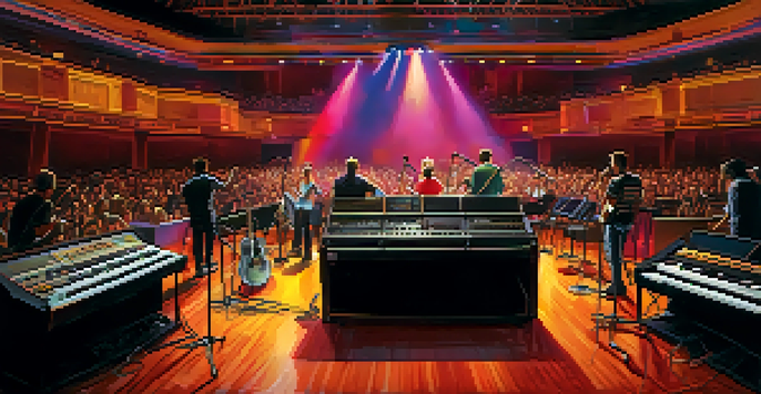 A lively music venue scene during a soundcheck with musicians adjusting instruments and a sound engineer at the mixing console, vibrant stage lights shining in an empty audience area.