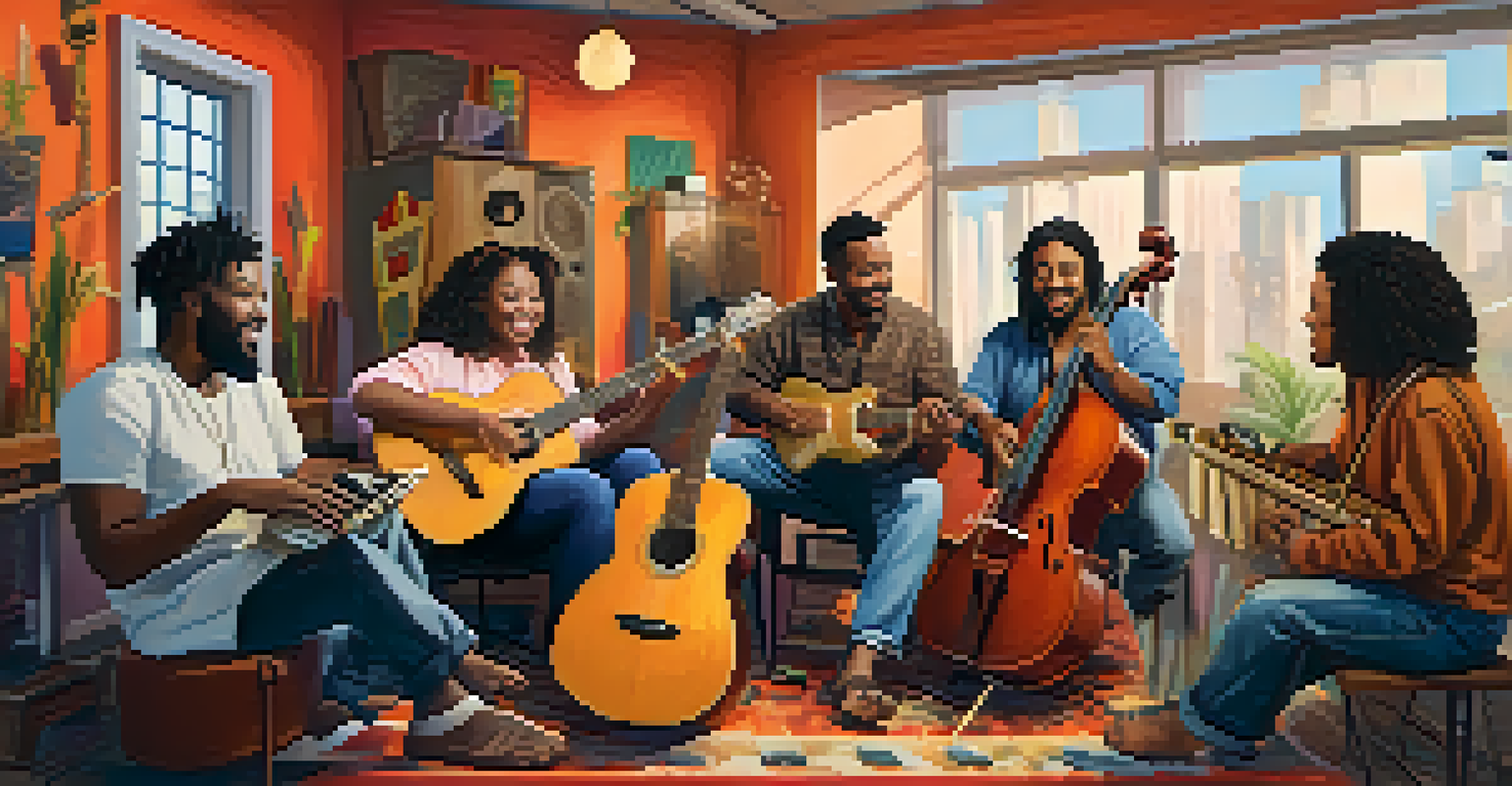 A collaborative scene of diverse musicians in a cozy studio, working together on a song surrounded by colorful sound equipment.