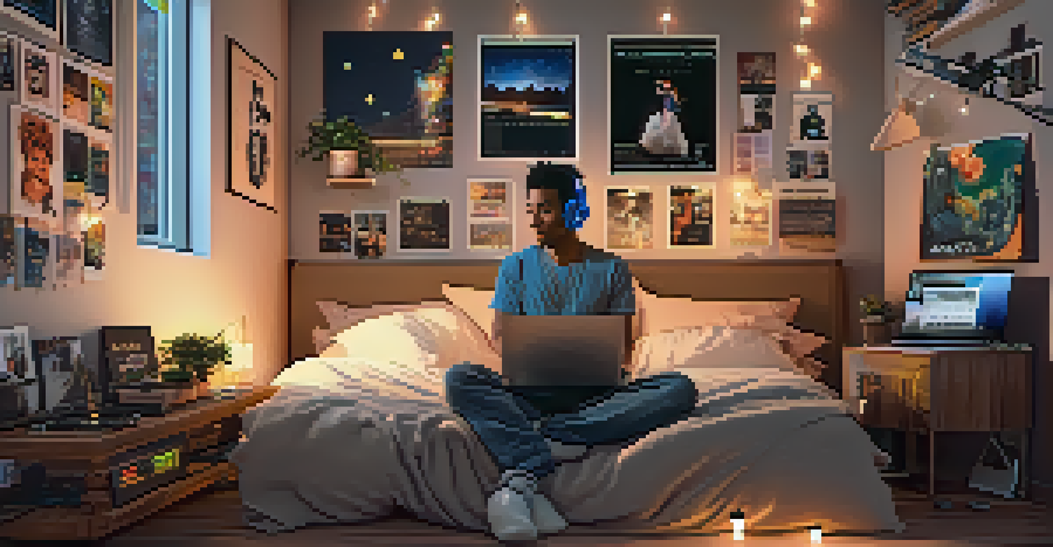 An independent musician working on a laptop in a cozy bedroom, using cloud-based music production software.