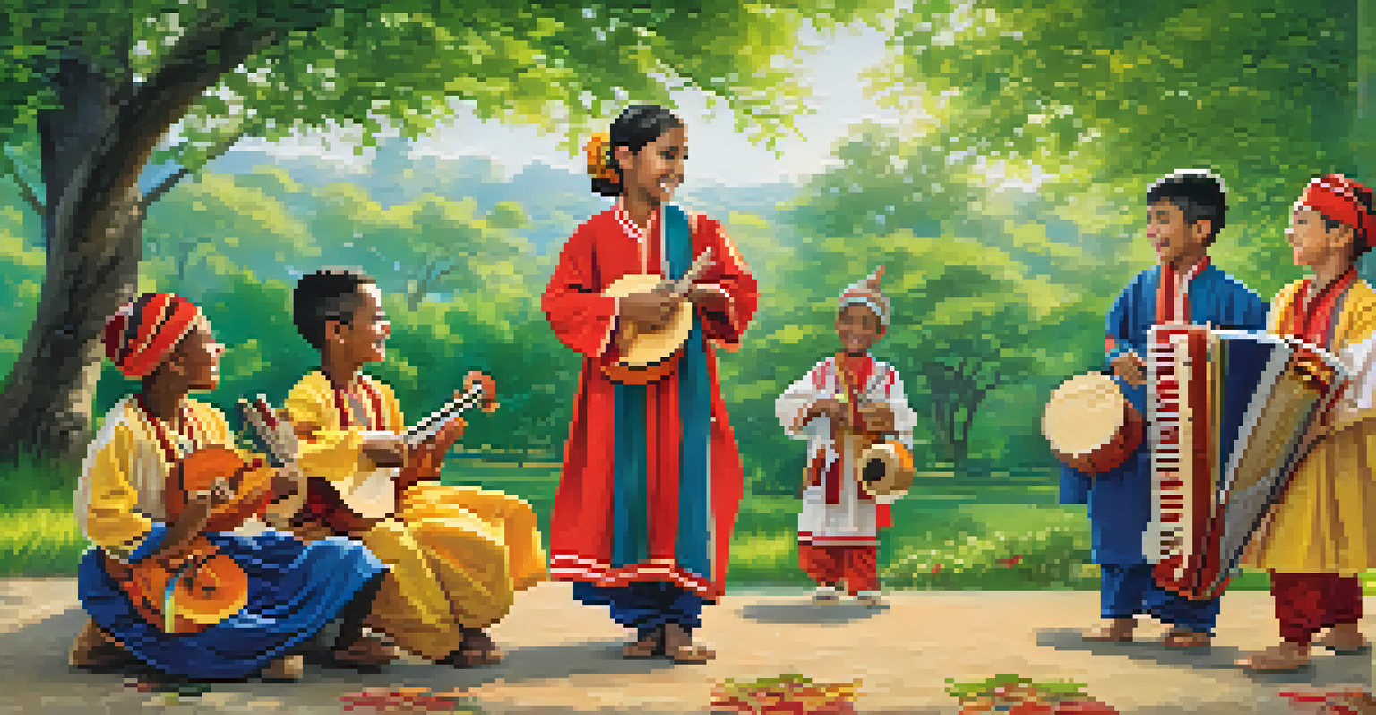 Children in traditional clothing performing music together in a park, showcasing cultural diversity and unity.