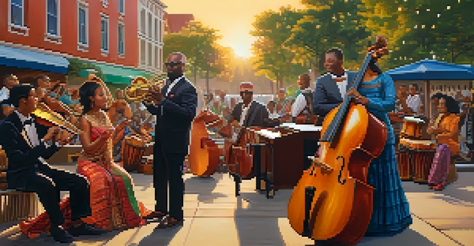 A lively urban park with musicians from different cultures playing together, surrounded by an engaged audience, under a warm sunset.