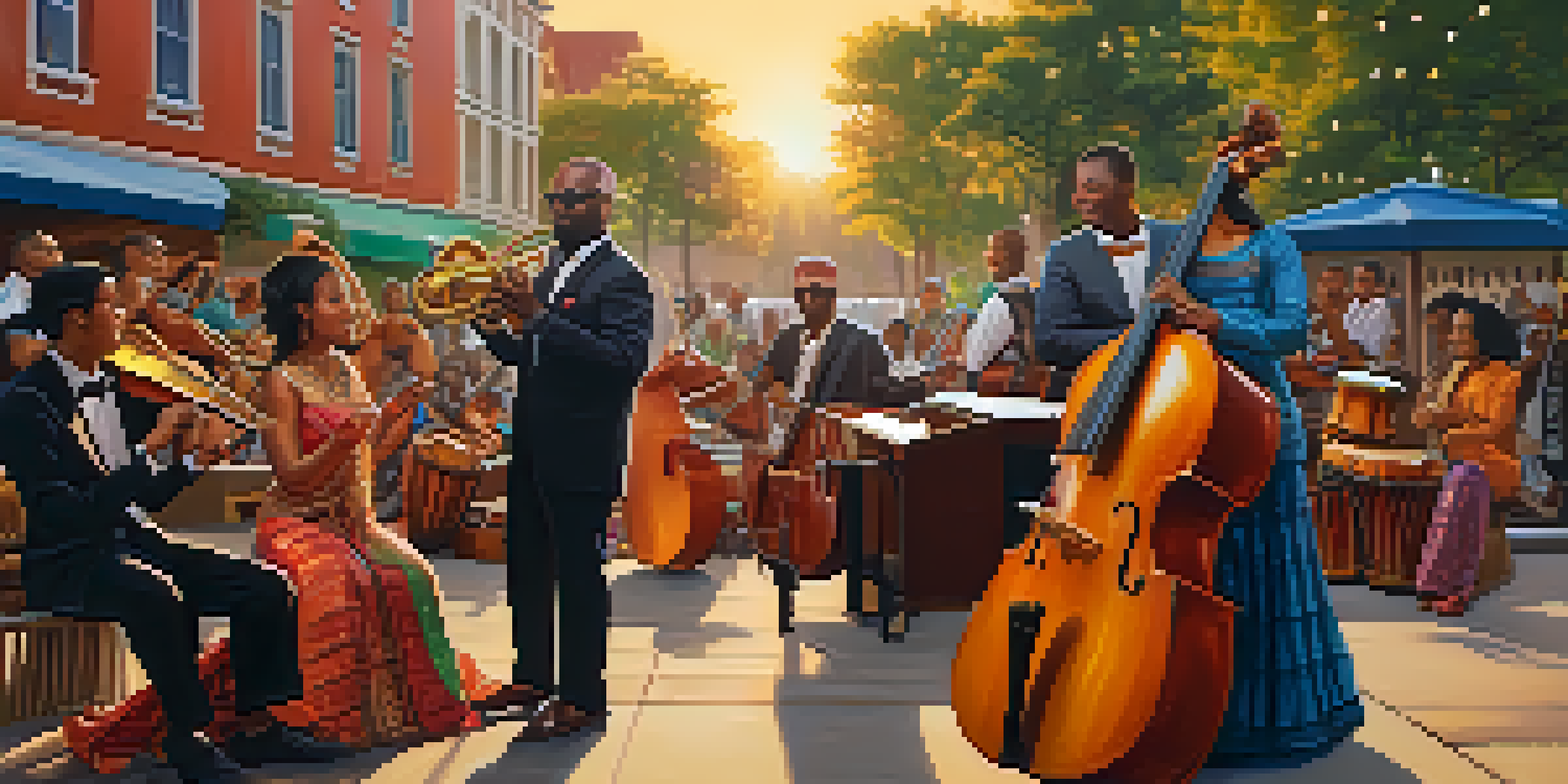 A lively urban park with musicians from different cultures playing together, surrounded by an engaged audience, under a warm sunset.