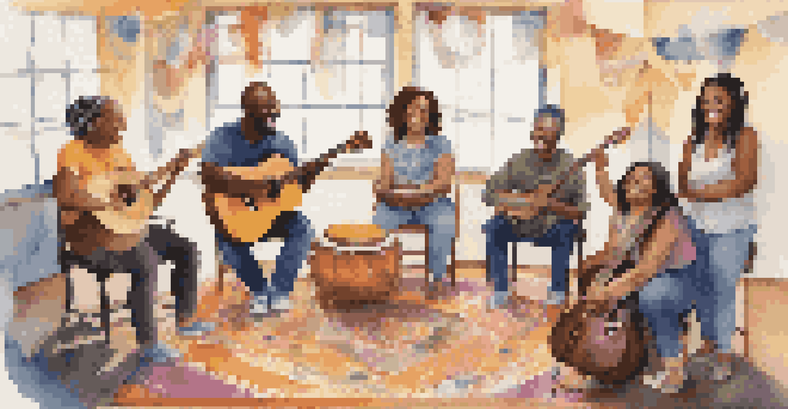 A group of diverse people in a circle participating in a music therapy session, surrounded by instruments and a joyful atmosphere.