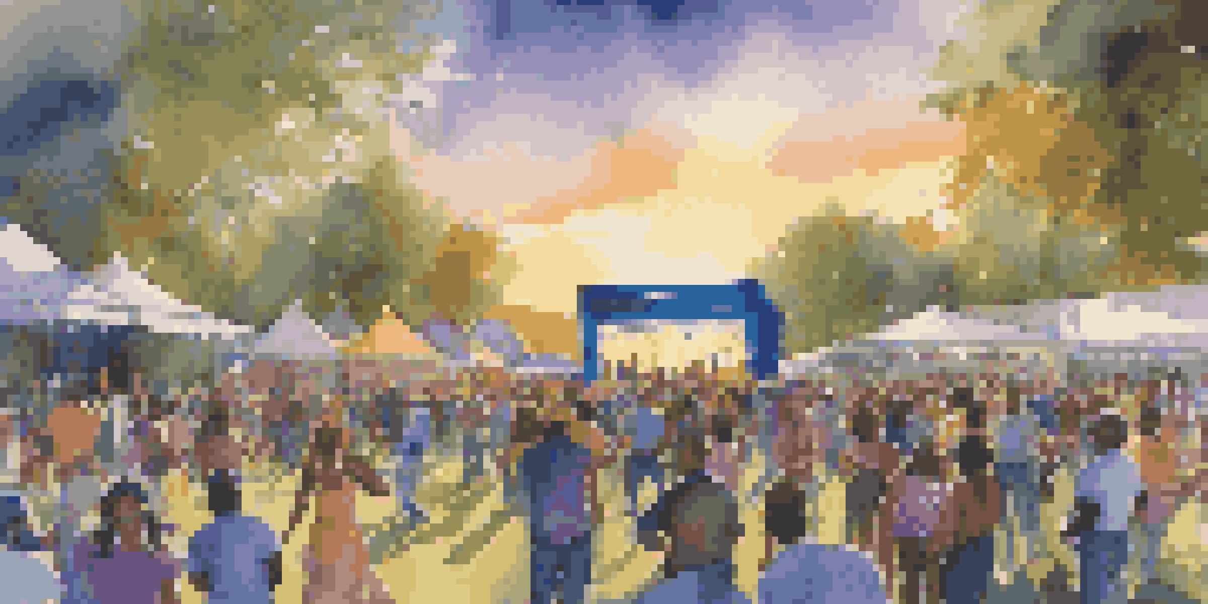 A lively blues festival in a park with musicians on stage and a diverse crowd dancing and enjoying the music under colorful banners.