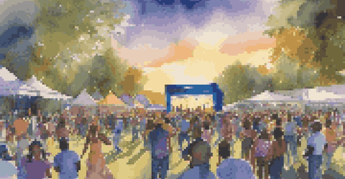 A lively blues festival in a park with musicians on stage and a diverse crowd dancing and enjoying the music under colorful banners.