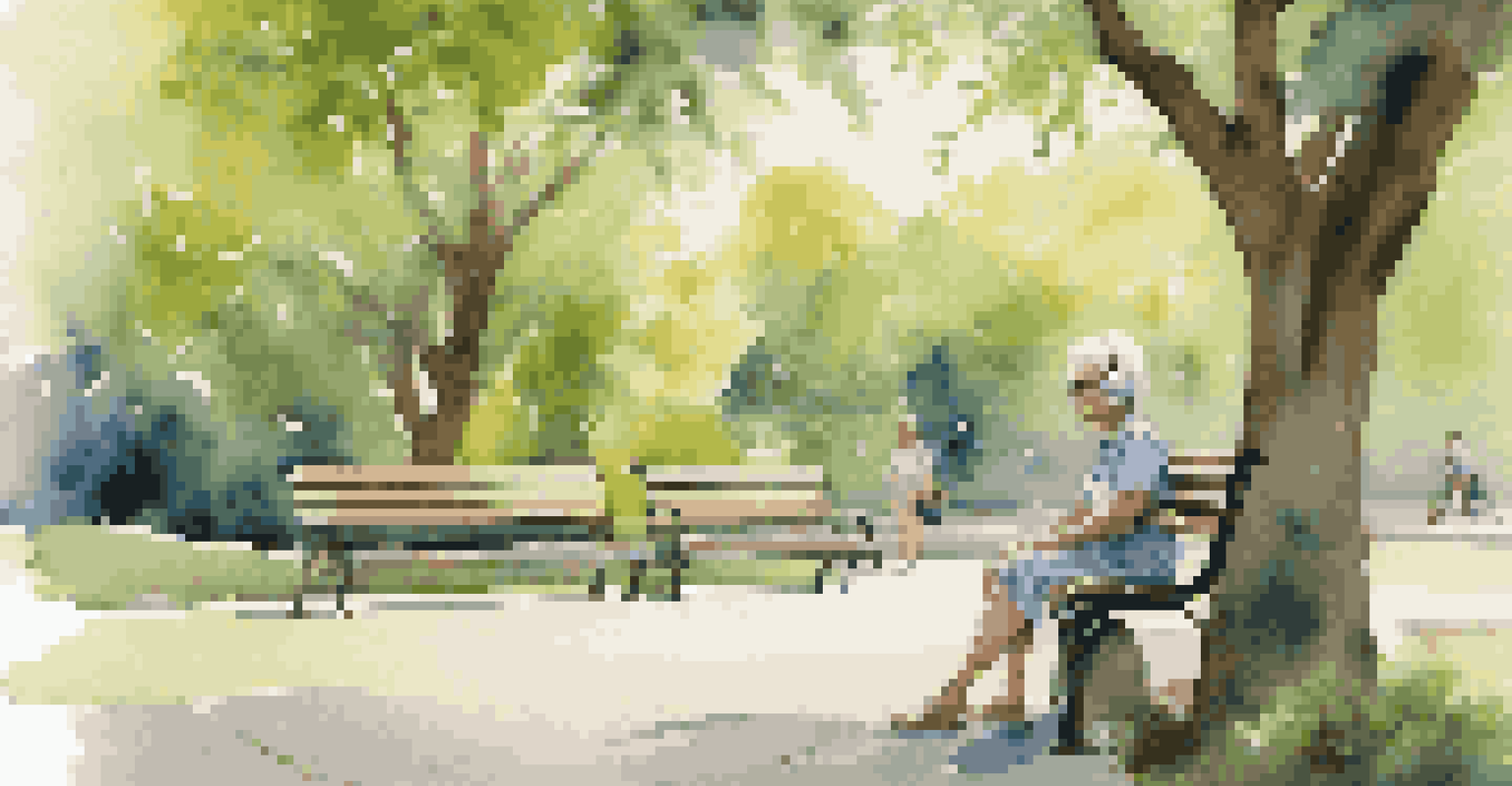 A senior woman sitting on a park bench, listening to music with headphones, surrounded by greenery.