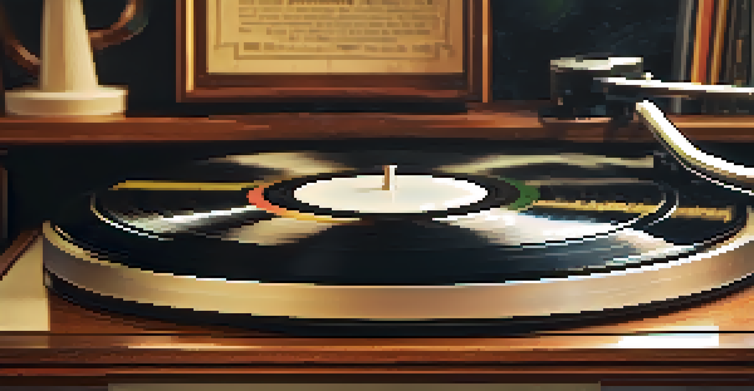 A vintage vinyl record player spinning a classic record, set in a cozy room filled with music memorabilia, illuminated by soft warm lighting.