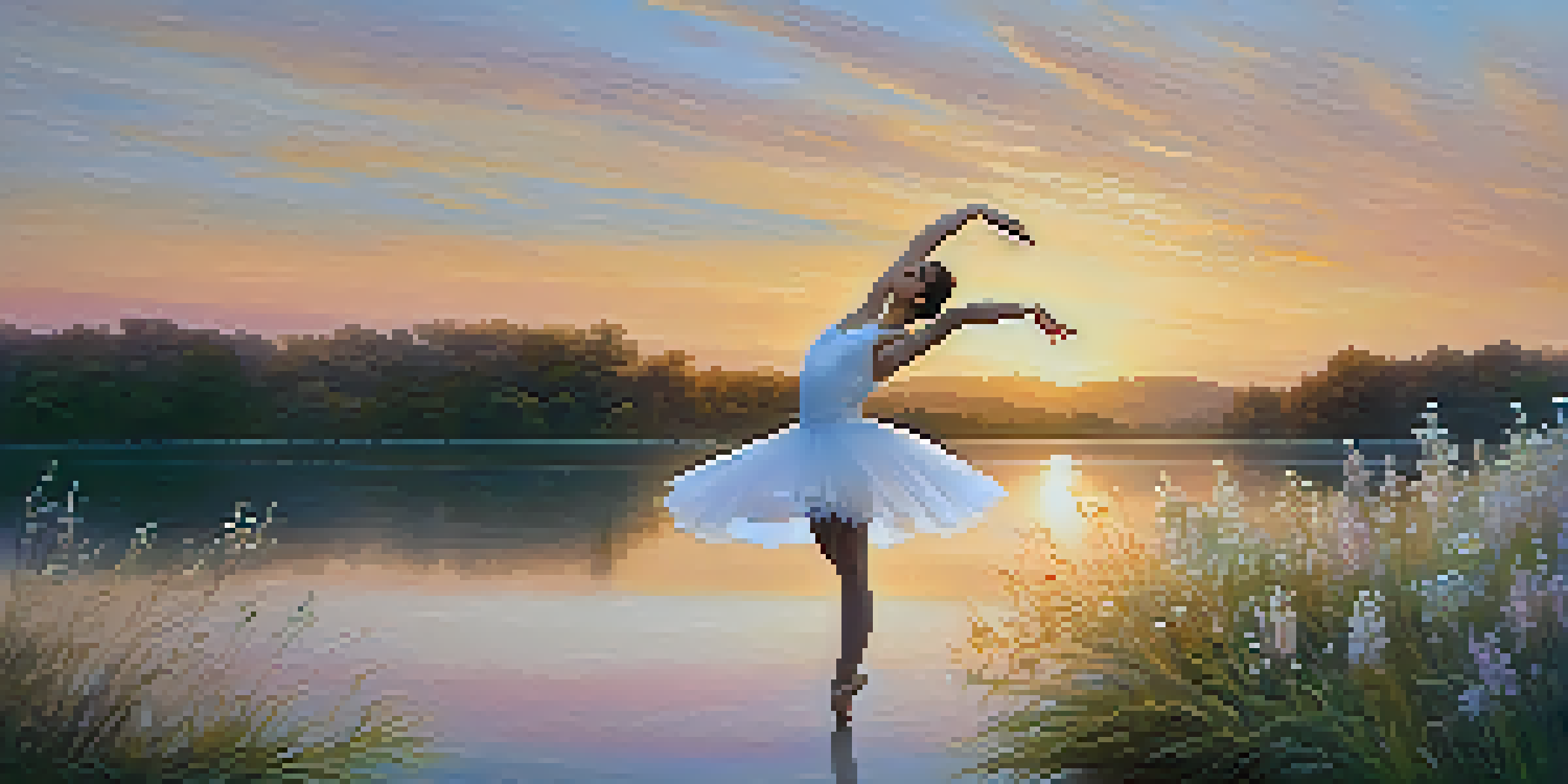 A ballet dancer in a white tutu spinning gracefully by a tranquil lake at sunset with pastel colors in the sky.