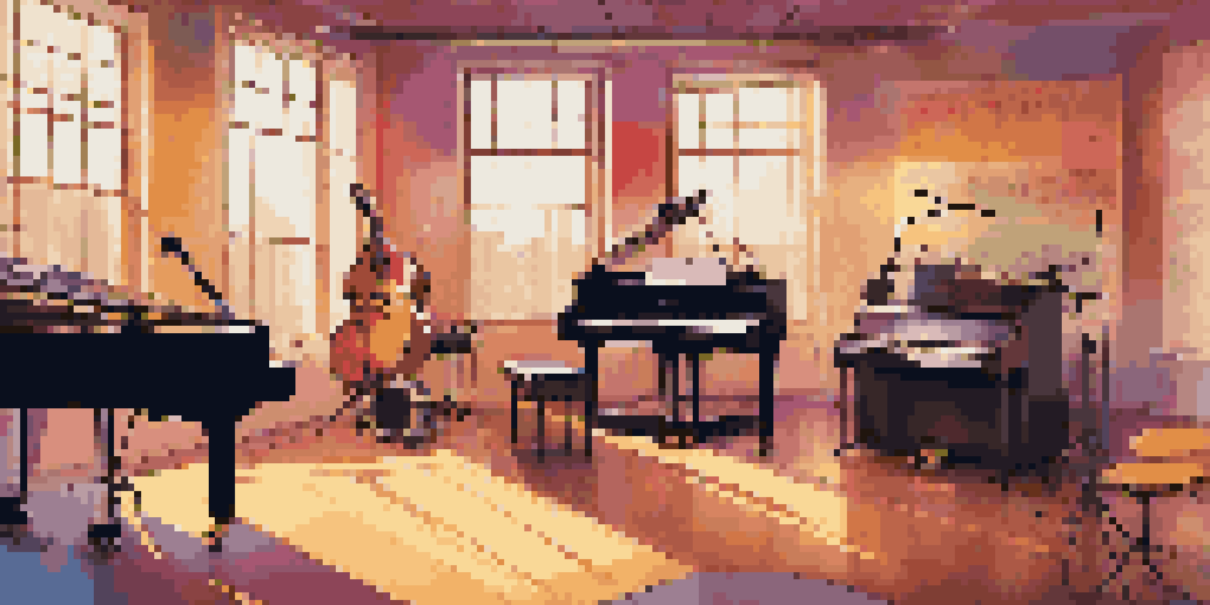 A colorful music studio with instruments and digital screens showing music analytics data.