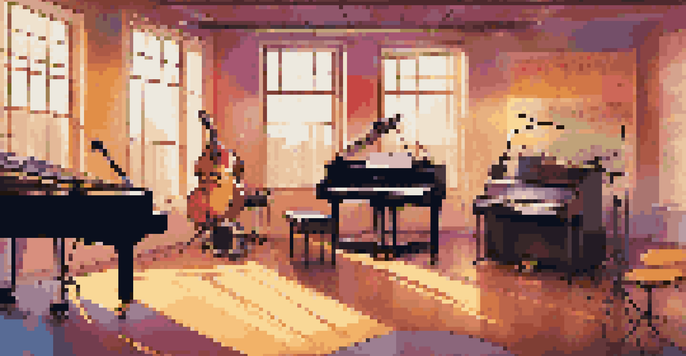 A colorful music studio with instruments and digital screens showing music analytics data.